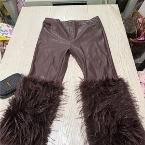 Brown Faux Leather Pants with Fur Trim